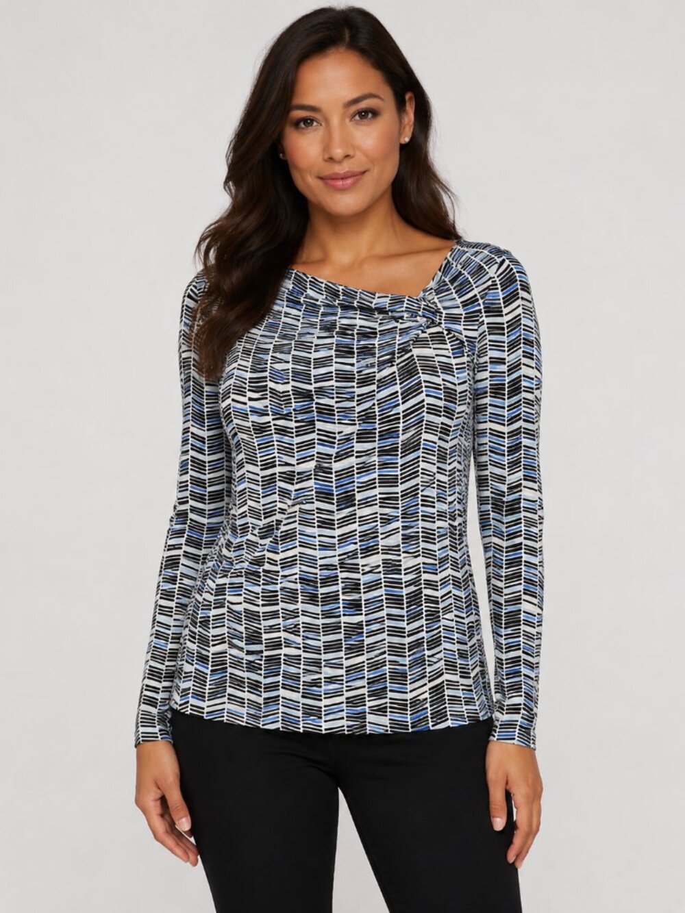 NWT Liz Claiborne 1X Geometric Chevron Print Long Sleeve Blouse Blue Black White